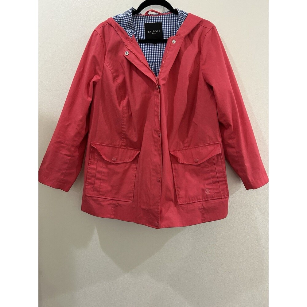 Talbots Woman 1X Pink Hooded Rain Jacket Gingham Lining Cotton Lining And Shell